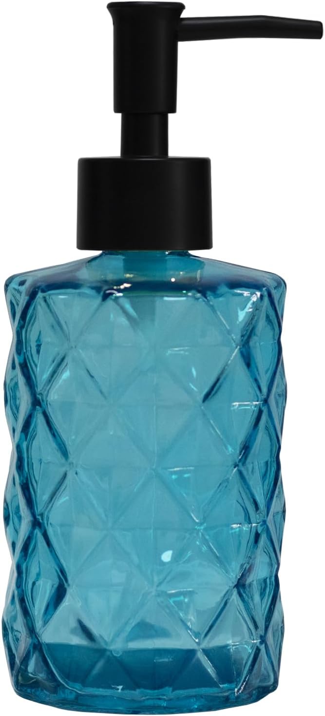 Blue Glass Soap Dispenser with Black Plastic Pump, 12oz Refillable Liquid Hand by YYTSGG