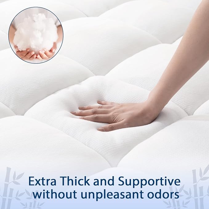 ELEMUSE Queen Cooling Bamboo Viscose Mattress Topper for Back Pain, Extra Thick Mattress Pad Cover, Plush Soft Pillowtop with Elastic Deep Pocket, Overfilled Down Alternative Filling