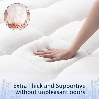 ELEMUSE Queen Cooling Bamboo Viscose Mattress Topper for Back Pain, Extra Thick Mattress Pad Cover, Plush Soft Pillowtop with Elastic Deep Pocket, Overfilled Down Alternative Filling