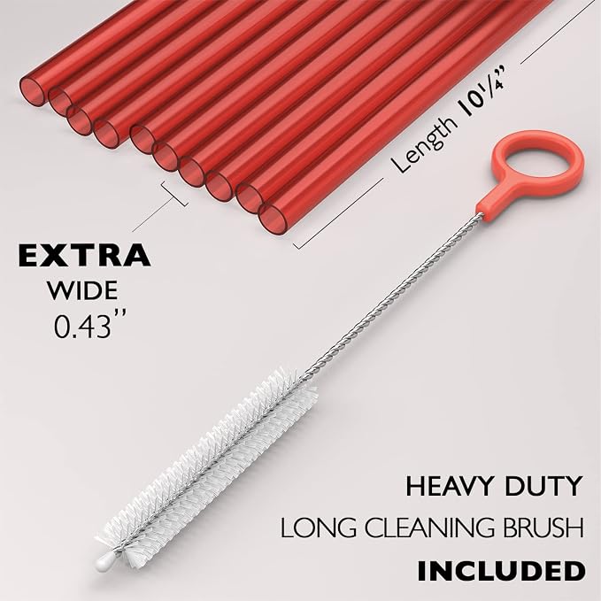 10 EXTRA WIDE Long Reusable Hard Plastic Drinking Straws + Cleaning Brush - Image 2