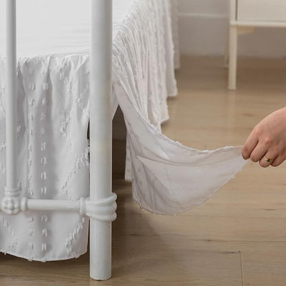 Bed Skirt Queen Size Ruffled Bed Skirt with Split Corners, 18 Inch Drop Dust Ruffle Bed Skirts with Platform, Boho Tufted Shabby Chic Queen Size Bed Skirts, White