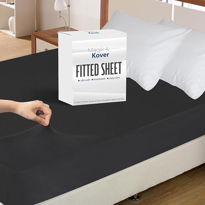Twin XL Fitted Sheet, Soft & Cozy Twin XL Bed Sheets for College Dorm Room Essentials with Deep Pocket 14", Cooling Jersey Extra Long Twin Mattress Bottom Sheets, Shrinkage & Stain Resistant, Black