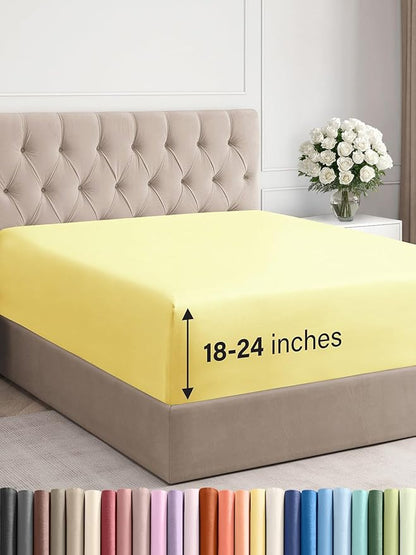 Extra Deep Full Fitted Sheet - Hotel Luxury Single Fitted Sheet Only - Easily Fits 18 inch to 24 inch Mattress - Ultra Soft, Wrinkle Free w/Extra Deep Pockets - Easy-Care, Breathable & Comfy - Yellow