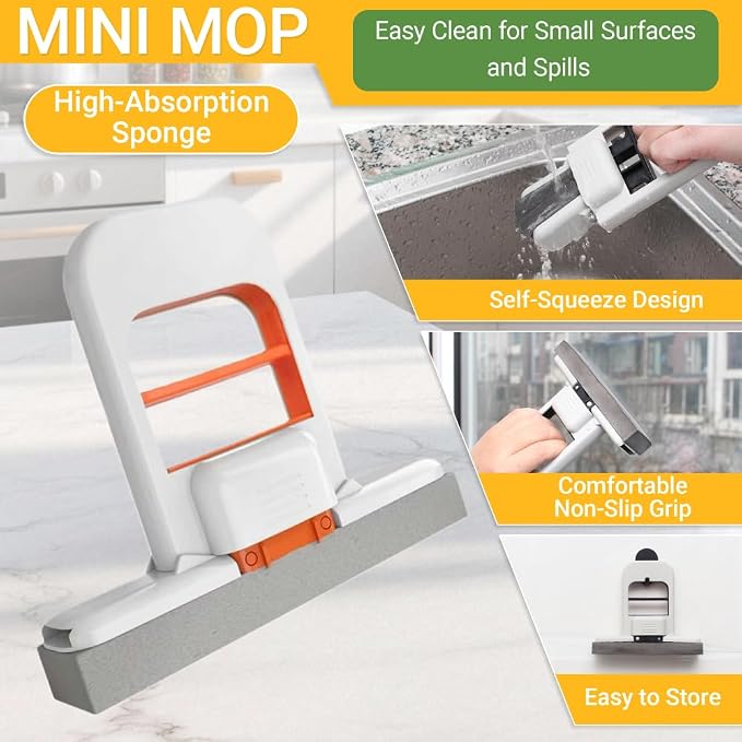 2 Pcs Mini Mop for Small Spaces, Foldable Self-Squeeze Wet and Dry Sponge Mop - Image 3
