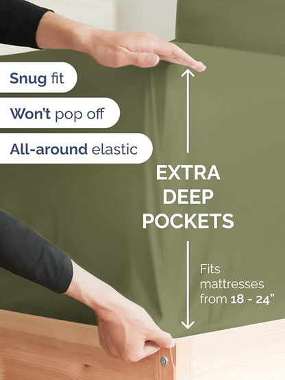 Extra Deep Twin Fitted Sheet - Hotel Luxury Single Fitted Sheet Only - Easily Fits 18 inch to 24 inch Mattress - Ultra Soft, Wrinkle & Fade Free w/Extra Deep Pockets - Breathable & Comfy - Sage Green