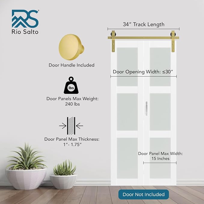 Rio Salto Gold Bifold Sliding Barn Door Hardware Kit Heavy Duty Metal Track - Image 2
