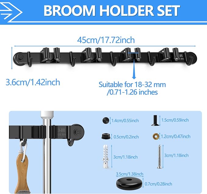 3-H Magnetic Broom Holder Wall Mount 1 Pack, 2-in-1 Dual Mount, 304 Stainless - Image 2