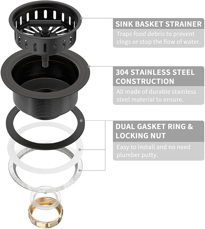 KONE 3-1/2 Inch Bronze Kitchen Sink Drain Assembly Kit - Image 5