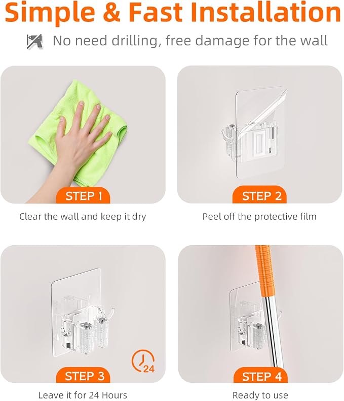 Batur Broom Holder Wall Mount, 4 Pack New Version Adhesive Mop and Broom Holder - Image 6