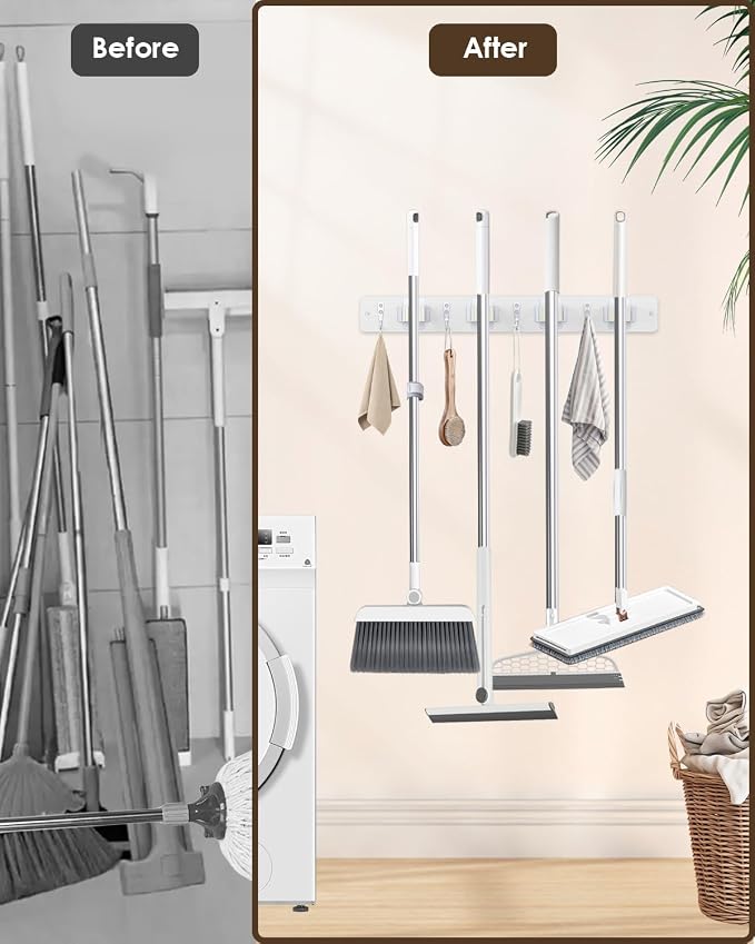 AceMining Broom Holder Wall Mounted, Wooden Mop and Broom Holder - Image 2