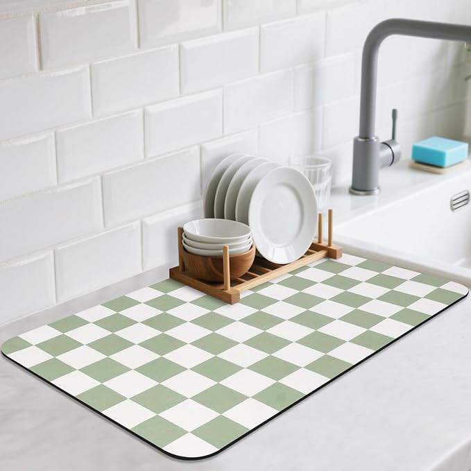 Checkered Dish Drying Mat for Kitchen Counter, Absorbent Non-Slip Coffee Mat by CooRug