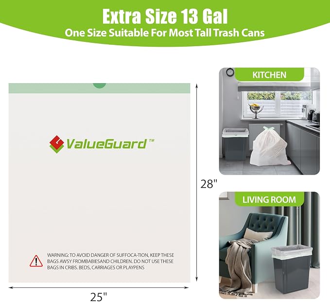 Large Trash Bags 13 Gallon Tall Kitchen Drawstring 100% Post-Consumer Recycled - Image 3