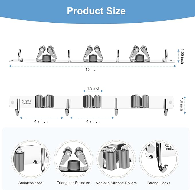 Mop and Broom Holder Wall Mounted, 3 Racks and 4 Hooks Broom, Upgraded - Image 4