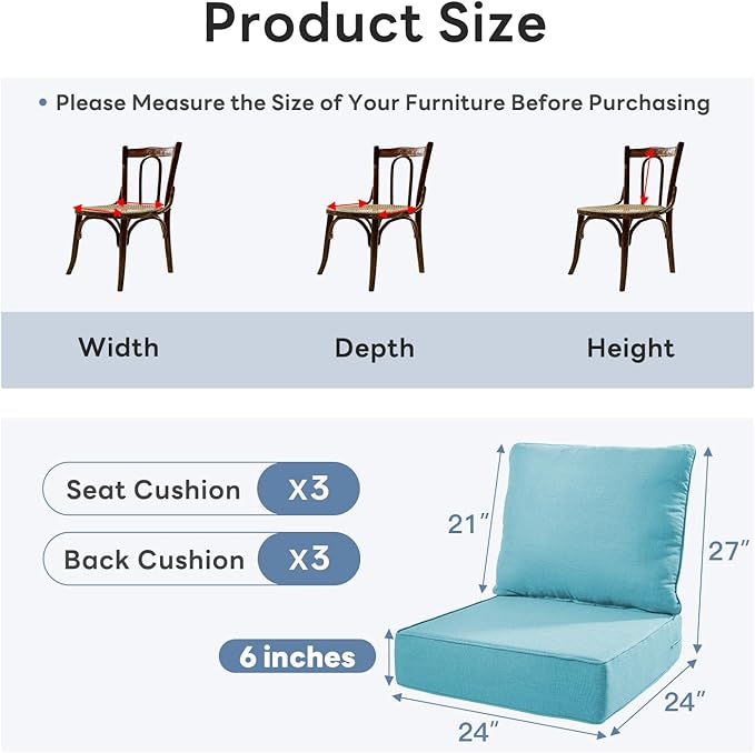 6" Thicker Outdoor Chair Cushion 3 Sets - 24" *24" *6" Waterproof Patio Furniture Cushions with Removable Cover, 28D High Density Sponge Filling Thicken Outdoor Patio Cushions - Turquoise