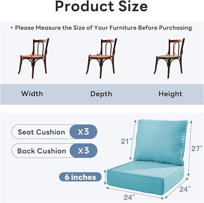 6" Thicker Outdoor Chair Cushion 3 Sets - 24" *24" *6" Waterproof Patio Furniture Cushions with Removable Cover, 28D High Density Sponge Filling Thicken Outdoor Patio Cushions - Turquoise
