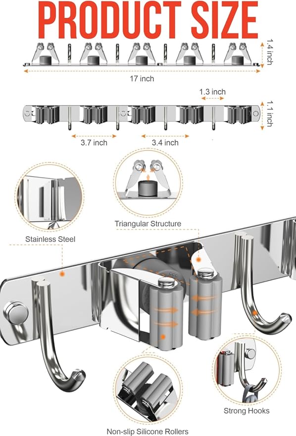 Mop and Broom Holder Wall Mount, Upgraded Broom Hanger Wall Mount, Stainless - Image 4