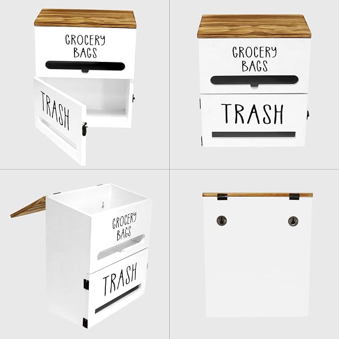 2 in 1 Trash Bag Dispenser, Double Wall Mounted, Wood Trash Bag Holder - Image 6
