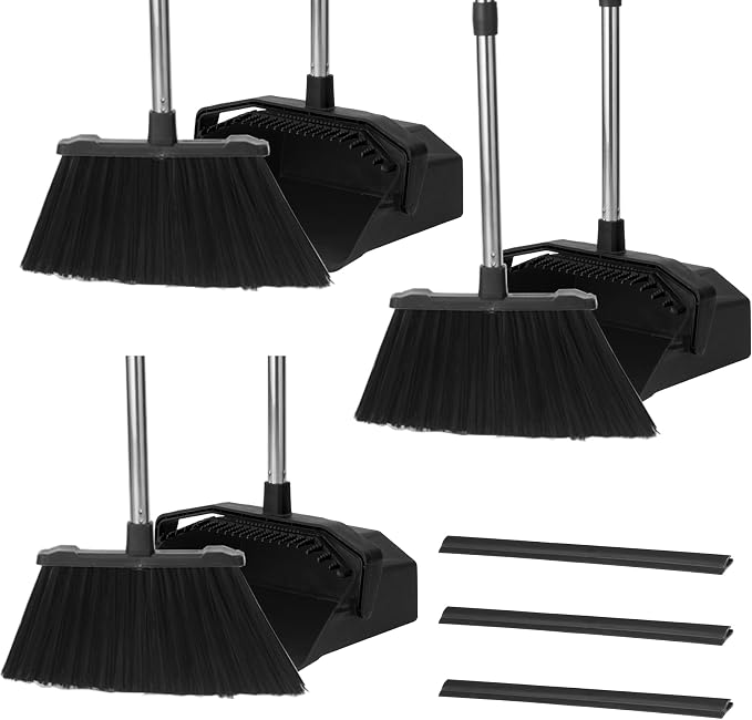 3-Pack Upright Broom with Dustpan Combo Set, Commercial Broom and Dustpan Set by Tiumso