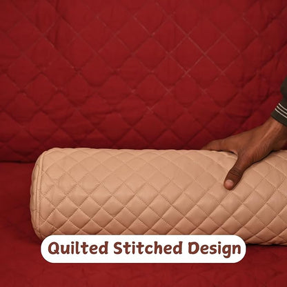 Neck Roll Pillow Cushion Cover, 16x6 Inch Full Moon Round Bolster Pillow Case, Cylinder Soft Lambskin Leather Pillowcase for Head, Spine & Neck Support During Sleep - Quilted Beige Pack of 2