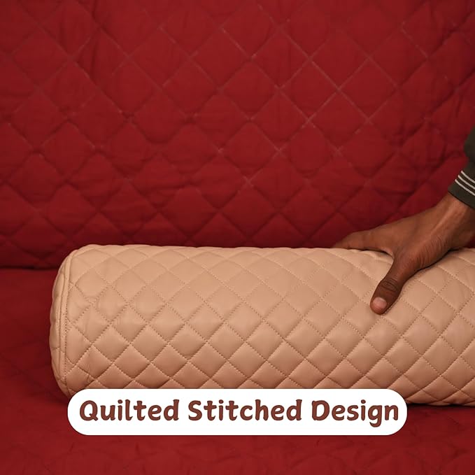 Neck Roll Pillow Cushion Cover, 14x6 Inch Full Moon Round Bolster Pillow Case, Cylinder Soft Lambskin Leather Pillowcase for Head, Spine & Neck Support During Sleep - Quilted Beige Pack of 2