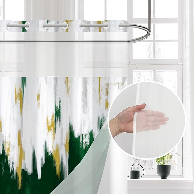 No Hook Shower Curtain with Snap in Liner, Hotel Style Dark Green White Gold - Image 3