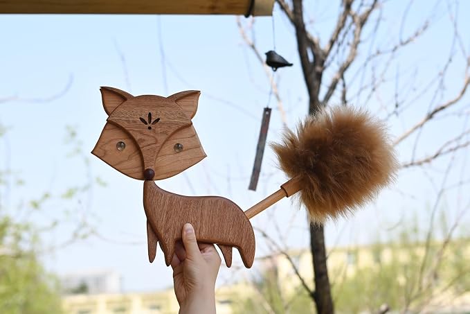 Cute Little Fox for Home Office Decor Small Wooden Feather Duster Lambswool - Image 2