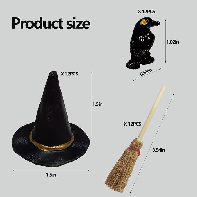 36 Pcs Mini Witch Hats Small Straw Brooms and Miniature Resin Crows Tiny Witch - Image 2