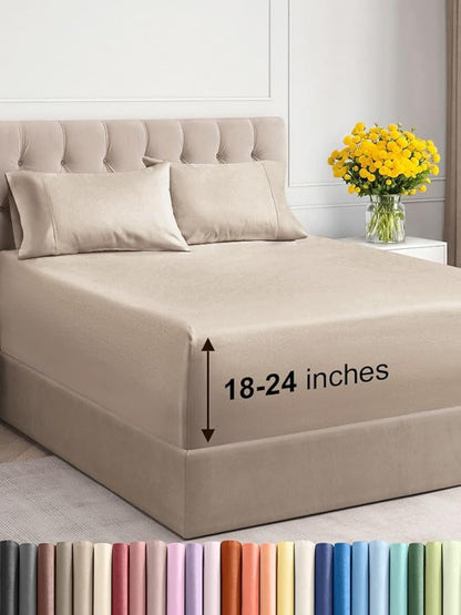 Extra Deep Twin Sheet Set - 4 Piece Breathable and Cooling Sheets - Hotel Luxury Bed Sheets Set - Easy & Secure Fit - Soft, Wrinkle Free and Comfy Sheets Set - Wheat Sheet Set with Extra Deep Pockets