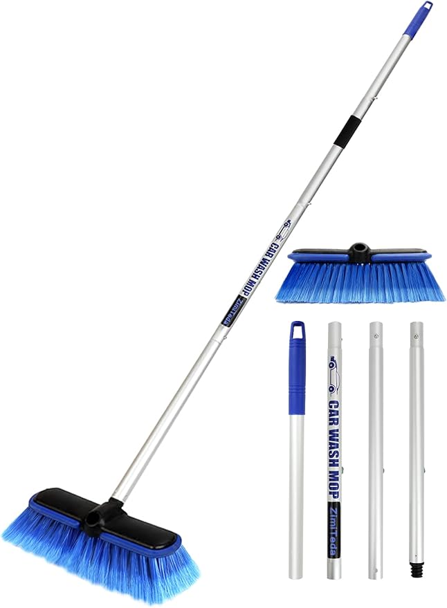 PBT Car Wash Brush with Long Handle 10'' Larger Soft Bristle Brush Head Rubber by ZimiTeda