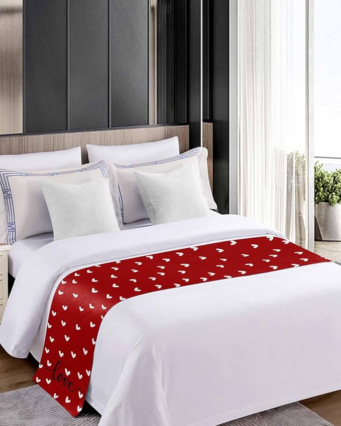 Valentine's Day White Love Hearts Bed Runners for Bedroom Hotel,Decorative Bedding Scarf Sweetheart and Quote on Red Bed End Blanket Bedding Runner Scarves for King Size Bed,102x20in