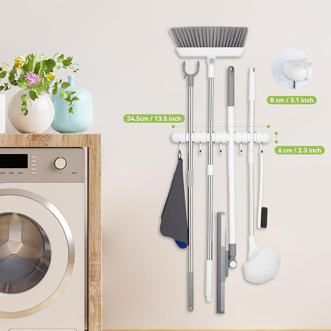 OTraki Broom Holder Wall Mount, Heavy Duty Wood Mop and Broom Organizer - Image 4