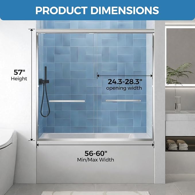 56-60" W x 57" H Semi-Frameless Bathtub Sliding Doors, 1/4" Tempered Glass - Image 9