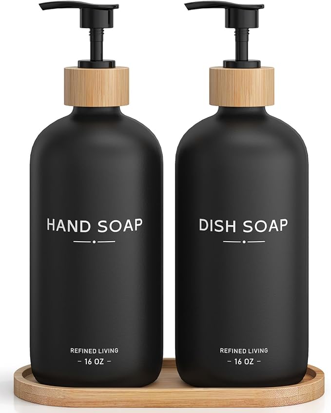 Hand and Dish Soap Dispenser Set, 16oz Glass Bottles by Aeakey