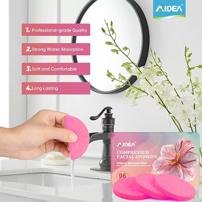 AIDEA 96Count Compressed Facial Sponges Pink, Round Face Sponges - Image 4