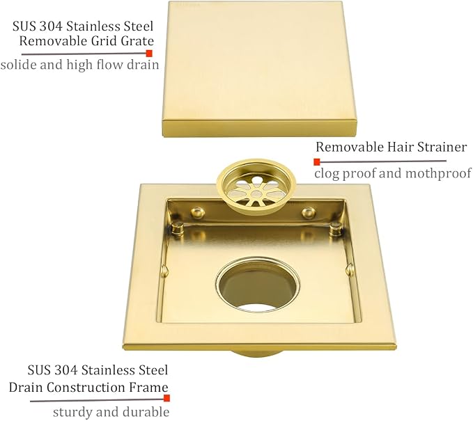 RANDOM Brushed Gold Shower Drain Square 6 inch SUS304 Stainless Steel Shower - Image 3