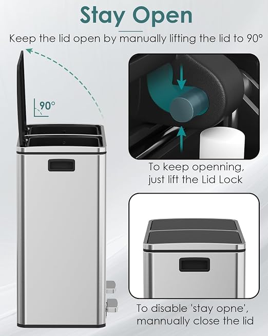 Arlopu 16 GallonStainless Steel Trash Can, 60L Dual Compartment, Metal Kitchen - Image 4