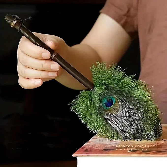 Peacock Feather Duster with Purple Bamboo Handle, Mini Decorative Cleaning Tool - Image 5
