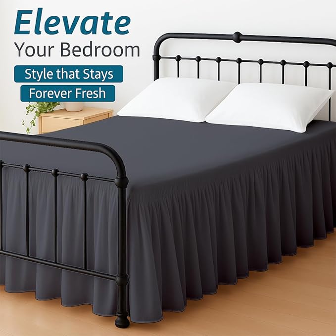 Shreem Linen Ruffled Bed Skirt with Split Corners, Gathered Style, 100% Microfiber, 24-Inch Drop, Dust Ruffle Bedskirt with Platform, Olympic Queen, Dark Grey