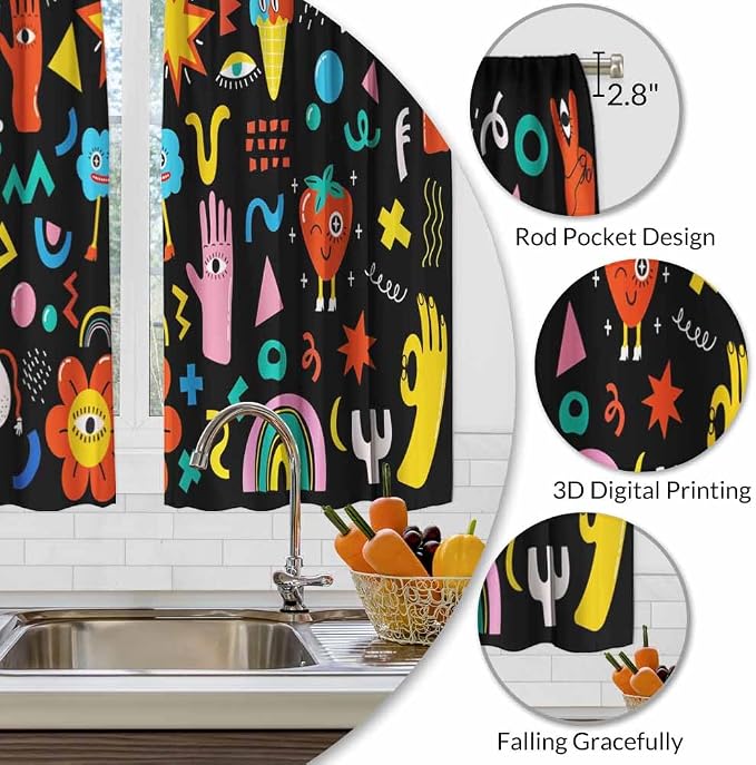 Cartoon Retro Symbol Kitchen Curtains Funny Crazy Abstract Shapes Hipster Music - Image 3