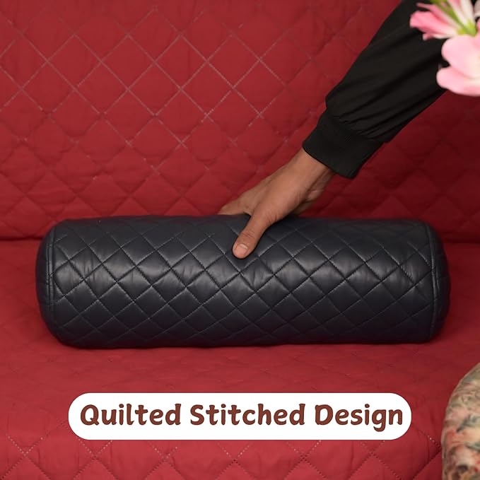 Neck Roll Pillow Cushion Cover, 20x5 Inch Full Moon Round Bolster Pillow Case, Cylinder Soft Lambskin Leather Pillowcase for Head, Spine & Neck Support During Sleep - Quilted Gun Metal Blue Pack of 2
