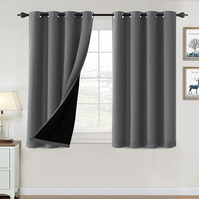 H.VERSAILTEX 100% Blackout Curtains for Bedroom Thermal Insulated Blackout Curtains 45 inch Length Heat and Full Light Blocking Window Drapes for Living Room with Black Liner 2 Panels, Grey