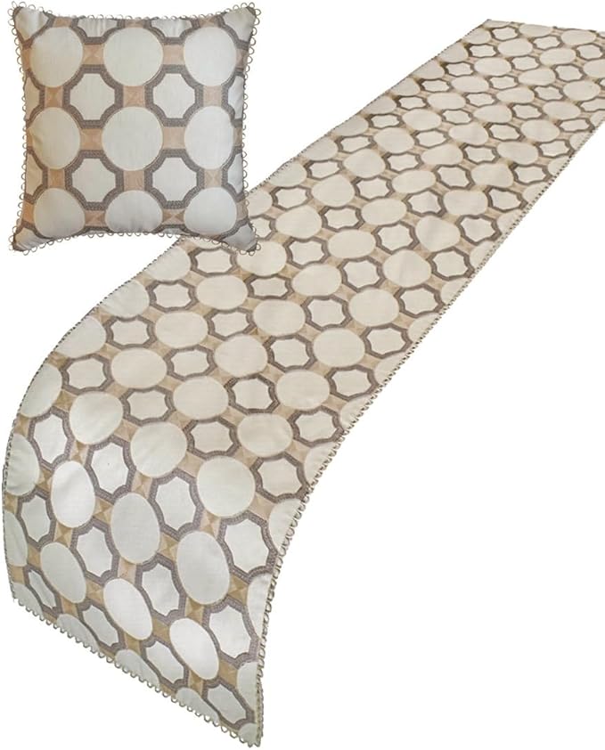 The HomeCentric King/Queen/Twin White, Beige & Grey Decorative Full 68"x18" Bed Runner with Two Pillow Cover, Embroidered, Bouclet & Lace Bed Scarf on Cotton Fabric - Threaded Geometry