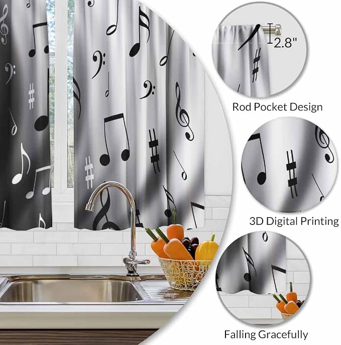 Modern Kitchen Curtains Black and White Music Notes Dancing Short Tier Curtains - Image 3