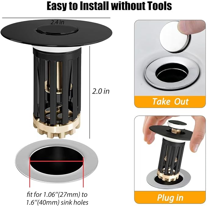 3 in 1 Pop Up Bathroom Sink Stopper, Bathroom Sink Drain Strainer, - Image 2