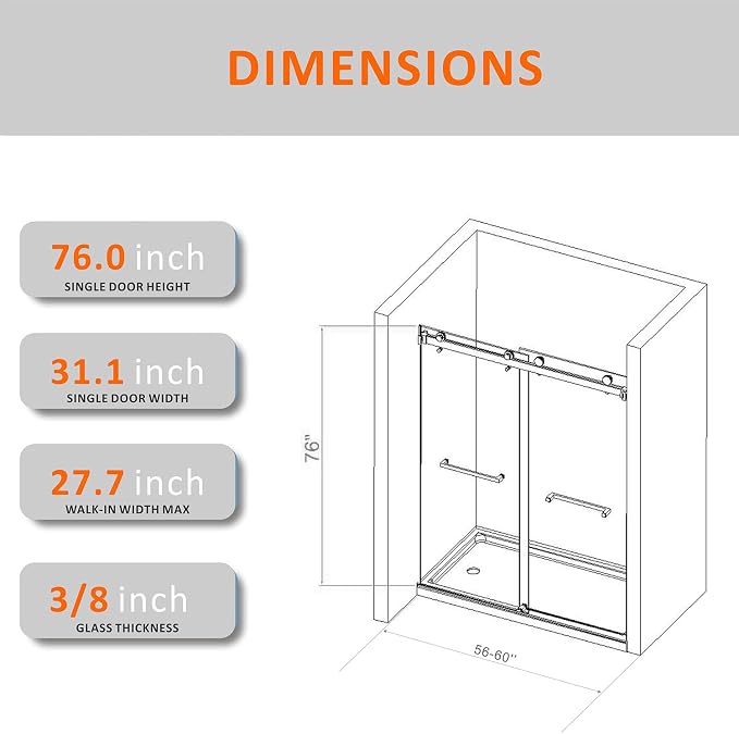 Brushed Gold Shower Door, 56-60''W x 76''H Frameless Double Sliding Glass Door - Image 2