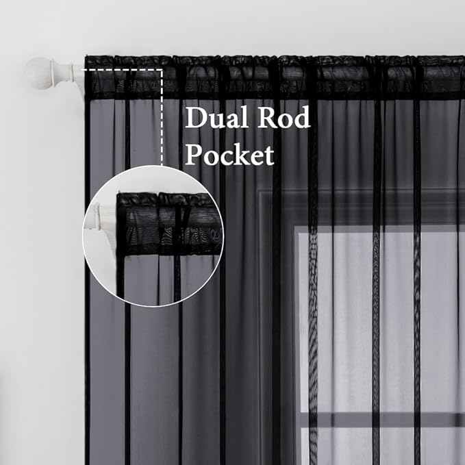MIULEE 2 Panels Solid Color Sheer Window Curtains Elegant Halloween Window Voile Panels/Drapes/Treatment for Bedroom Living Room (54X108 Inches Black)