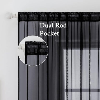 MIULEE 2 Panels Solid Color Sheer Window Curtains Elegant Halloween Window Voile Panels/Drapes/Treatment for Bedroom Living Room (54X108 Inches Black)