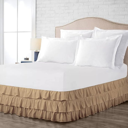 Multi-Ruffle Bed Skirt, Soft Multi Ruffle Bed Skirt Elastic Dust Ruffles with Wrap Around Bed Skirt Easy Fit with 18 Inch Drop 100% Cotton 800 Thread Count Bed Skirt (California King, Taupe)