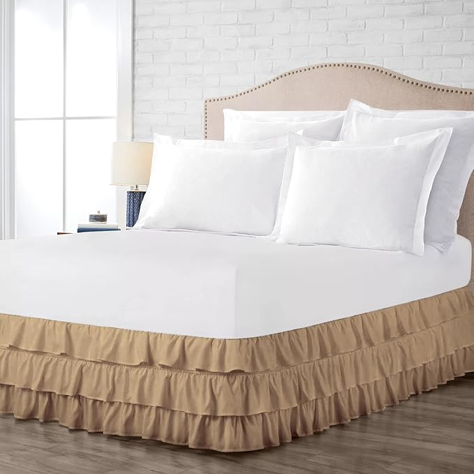 Multi-Ruffle Bed Skirt, Soft Multi Ruffle Bed Skirt Elastic Dust Ruffles with Wrap Around Bed Skirt Easy Fit with 18 Inch Drop 100% Cotton 800 Thread Count Bed Skirt (King, Taupe)