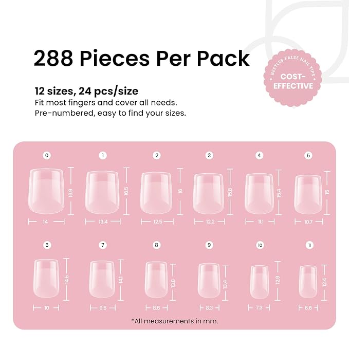 Beetles Gel Nail Tips 288Pcs Extra Short Square Etch-X Fake Nails Half Matte - Image 3